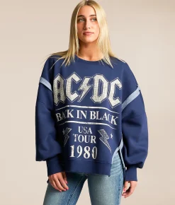 Goodie Two Sleeves AC/DC Rhinestone Band Pullover Navy