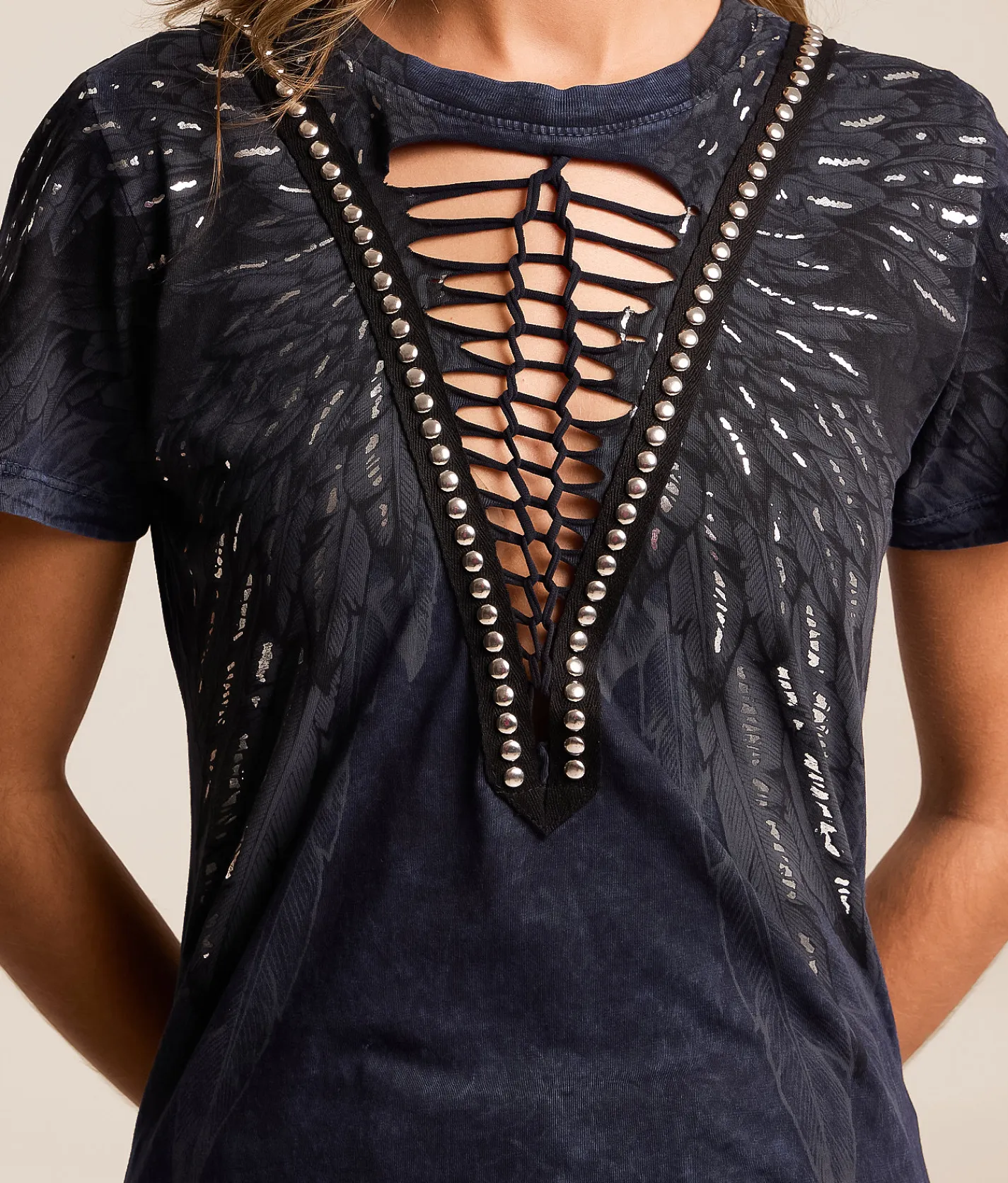 Tops | Affliction Age of Winter Lace-Up T-Shirt Blue Black Lava Tint
