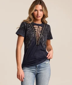 Tops | Affliction Age of Winter Lace-Up T-Shirt Blue Black Lava Tint