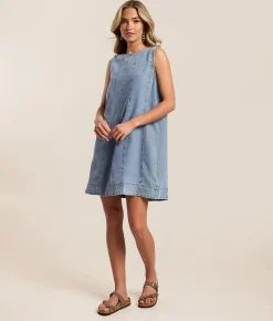 En Creme A-Line Chambray Mini Dress Denim New