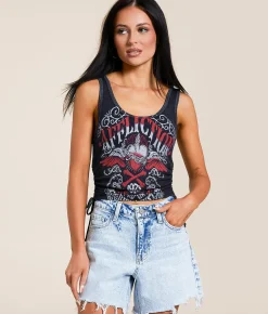 Tops | Affliction American Customs Corazon Cropped Tank Top Black Navy Acid Wash
