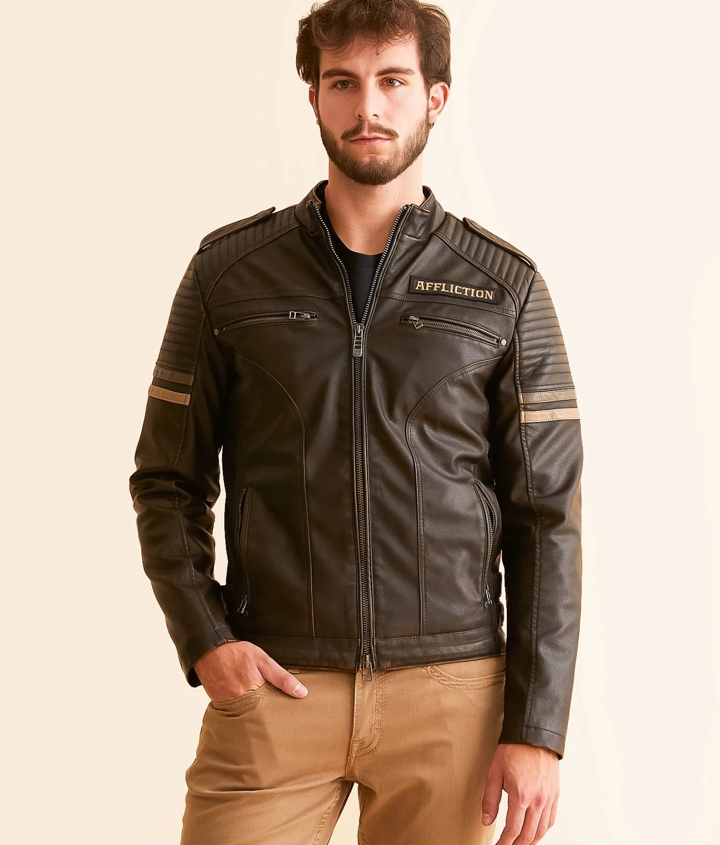 Affliction American Customs Distressed Faux Leather Jacket Dk Brown Best