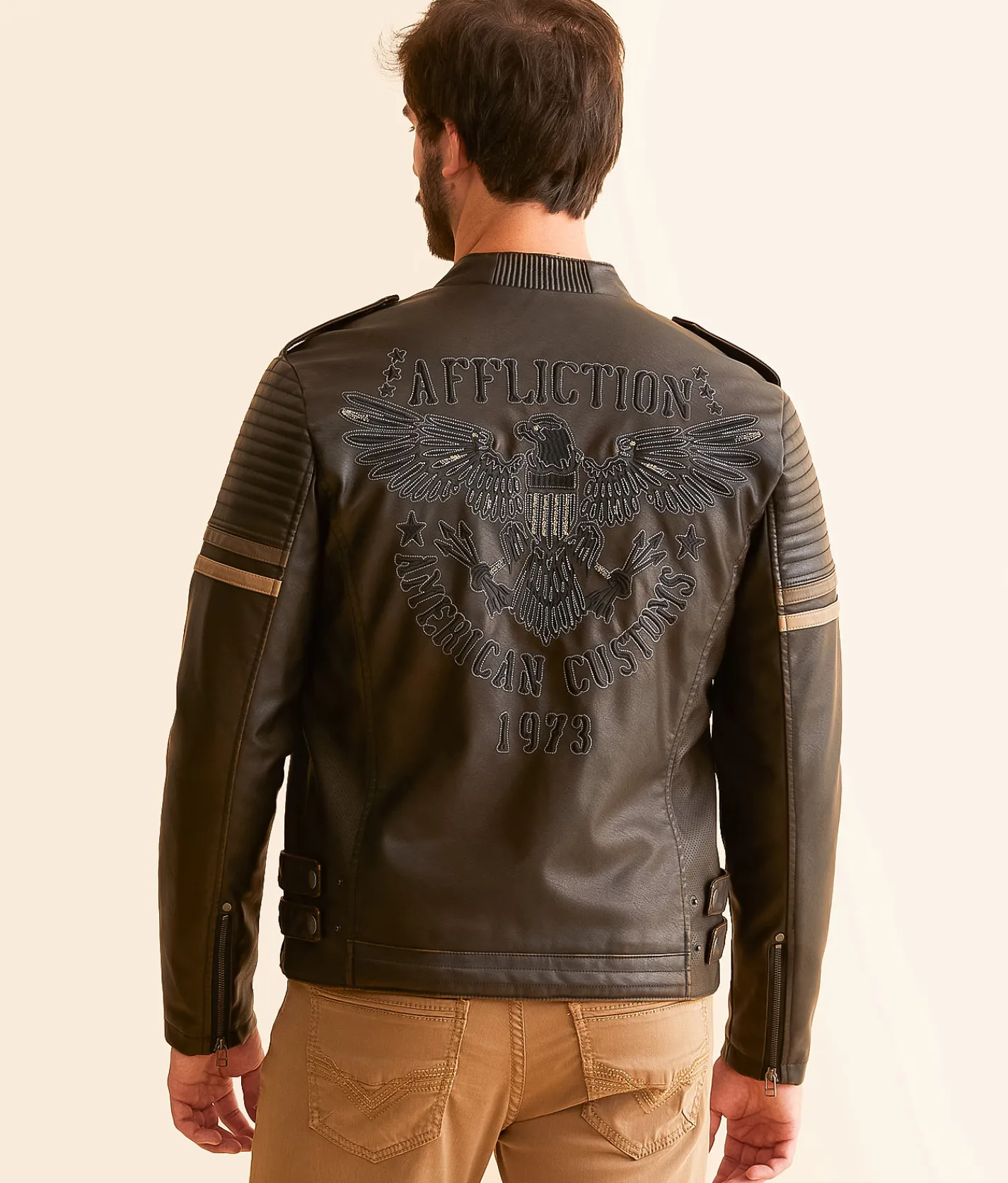 Affliction American Customs Distressed Faux Leather Jacket Dk Brown Best