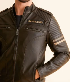 Affliction American Customs Distressed Faux Leather Jacket Dk Brown Best