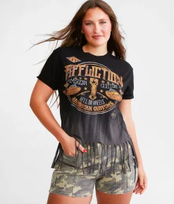 Tops | Affliction American Customs Grease Stain Fringe T-Shirt Black
