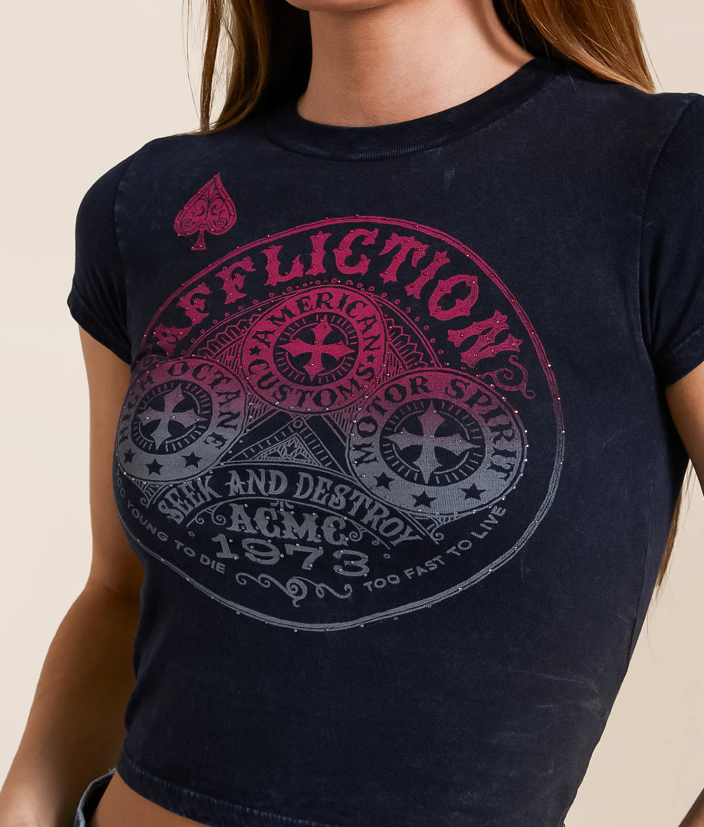Tops | Affliction American Customs Triumph Cropped T-Shirt Black Lava Wash