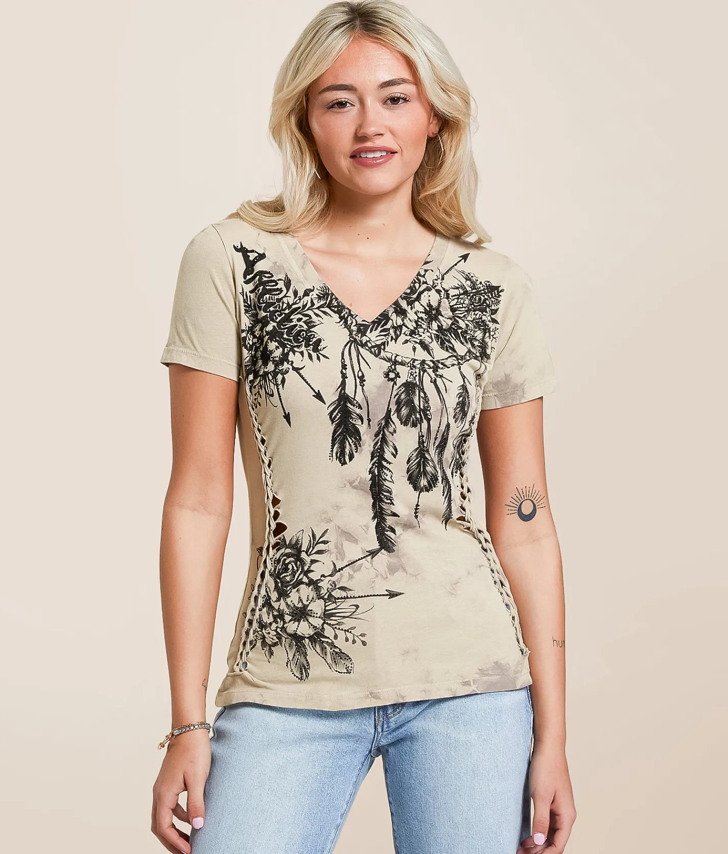 Affliction Anemone T-Shirt Lt Taupe Taupe Crystal Wa Sale