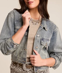 Azalea Wang Arendelle Rhinestone Denim Jacket Medium Wash New
