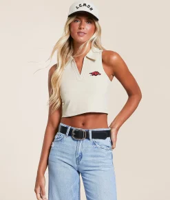 Gameday SOCIAL® Arkansas Collared Cropped Tank Top Oatmeal Hot
