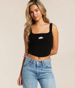 HYPE AND VICE Arkansas Razorbacks Corset Cropped Tank Top Black