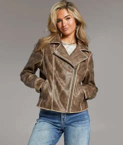 BKE Asymmetrical Faux Leather Moto Jacket Brown Discount