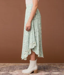 Gimmicks Asymmetrical Scalloped Midi Skirt Green White