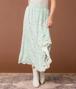 Gimmicks Asymmetrical Scalloped Midi Skirt Green White