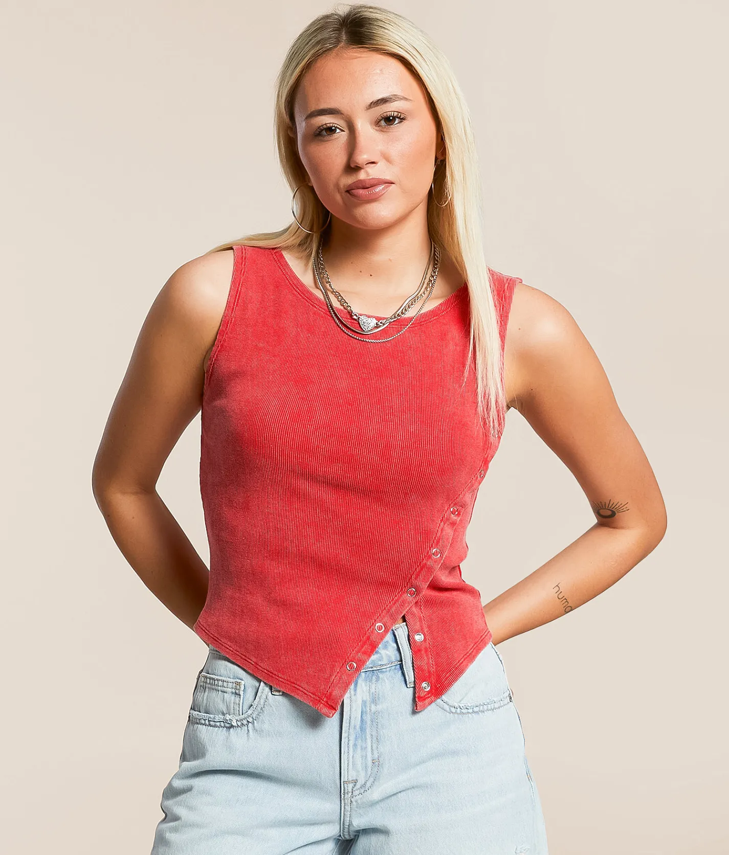 Gilded Intent Asymmetrical Tank Top Chinese Red Hot