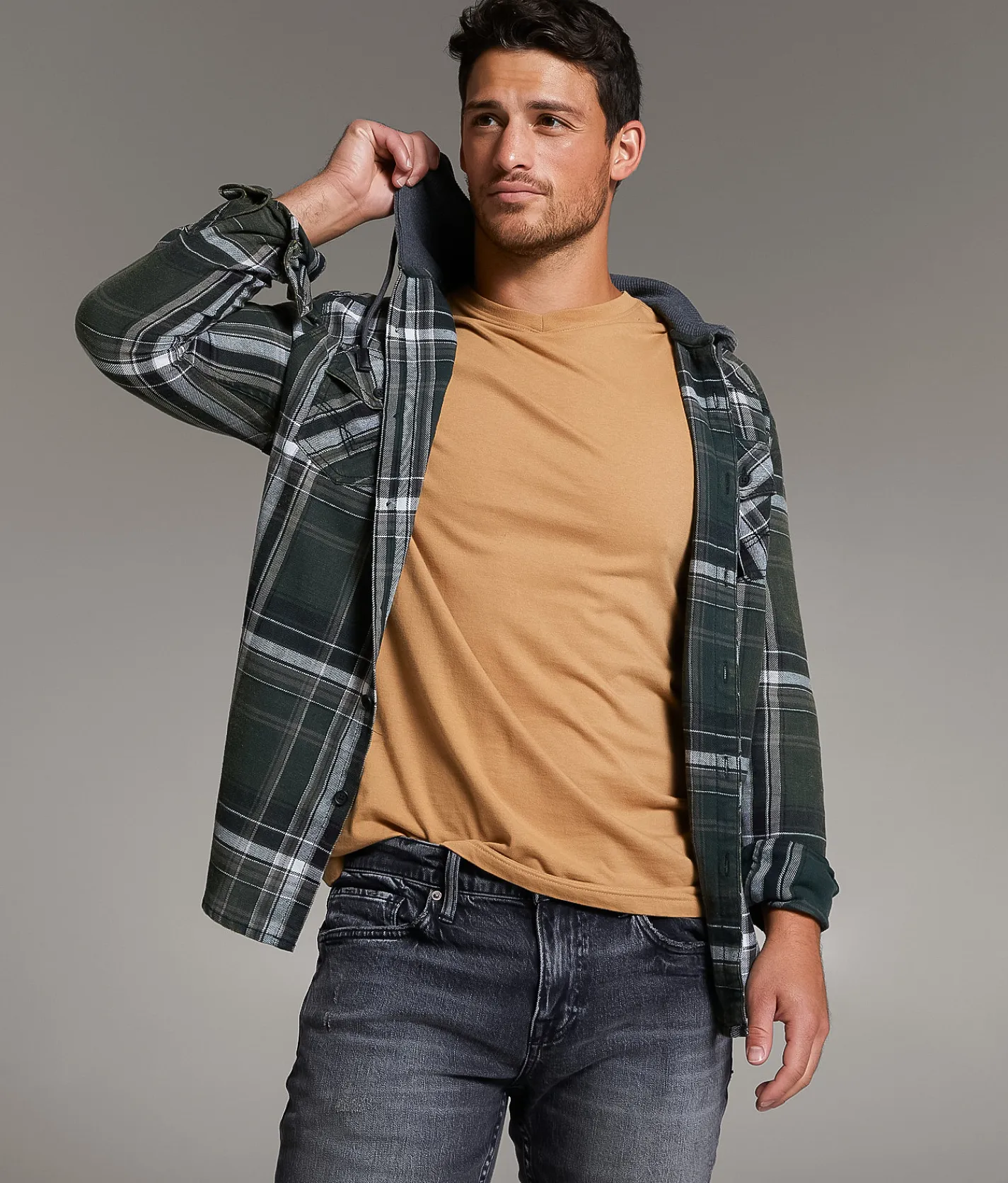 BKE Vintage Athletic Plaid Hooded Shirt Green Hot