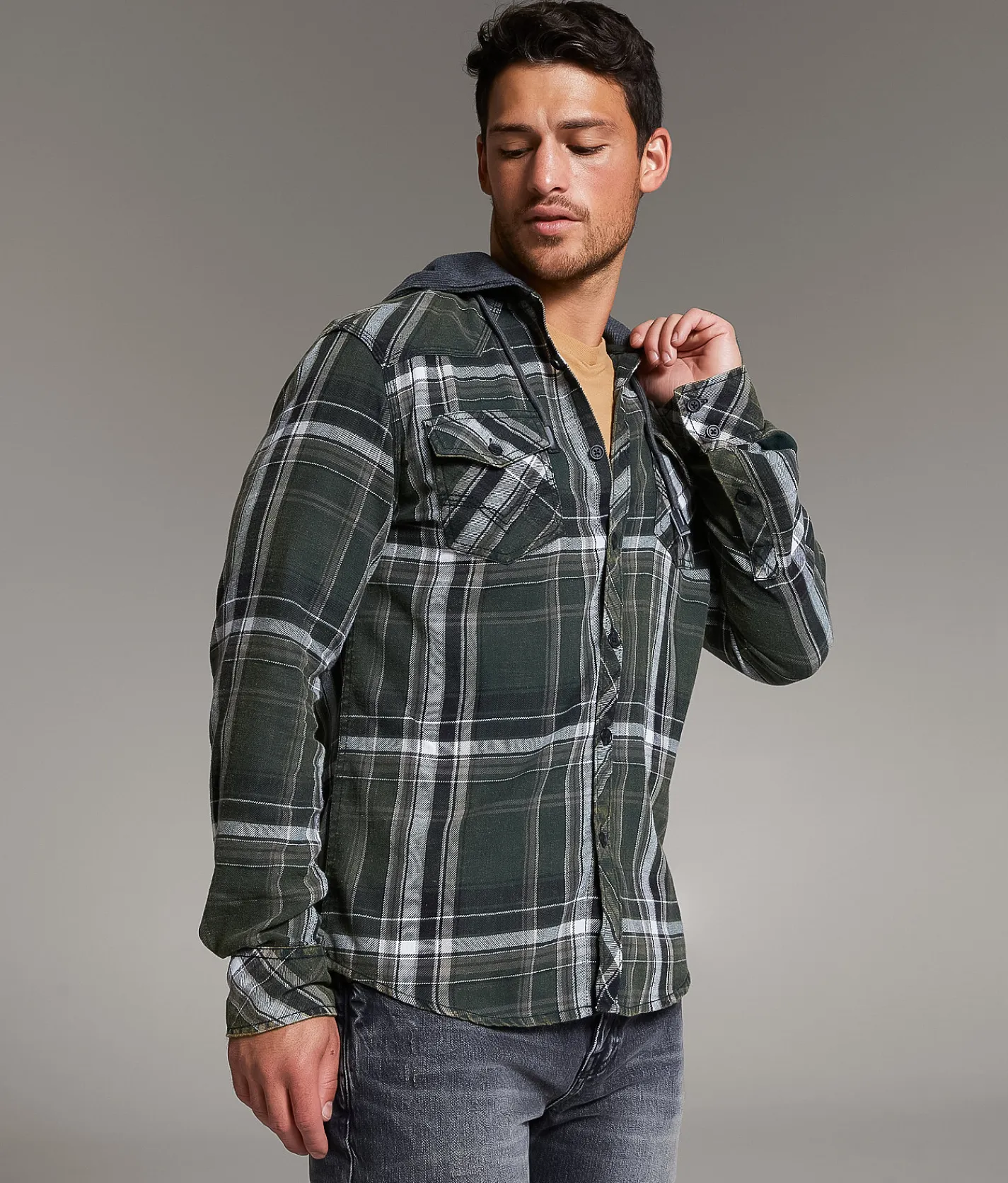 BKE Vintage Athletic Plaid Hooded Shirt Green Hot
