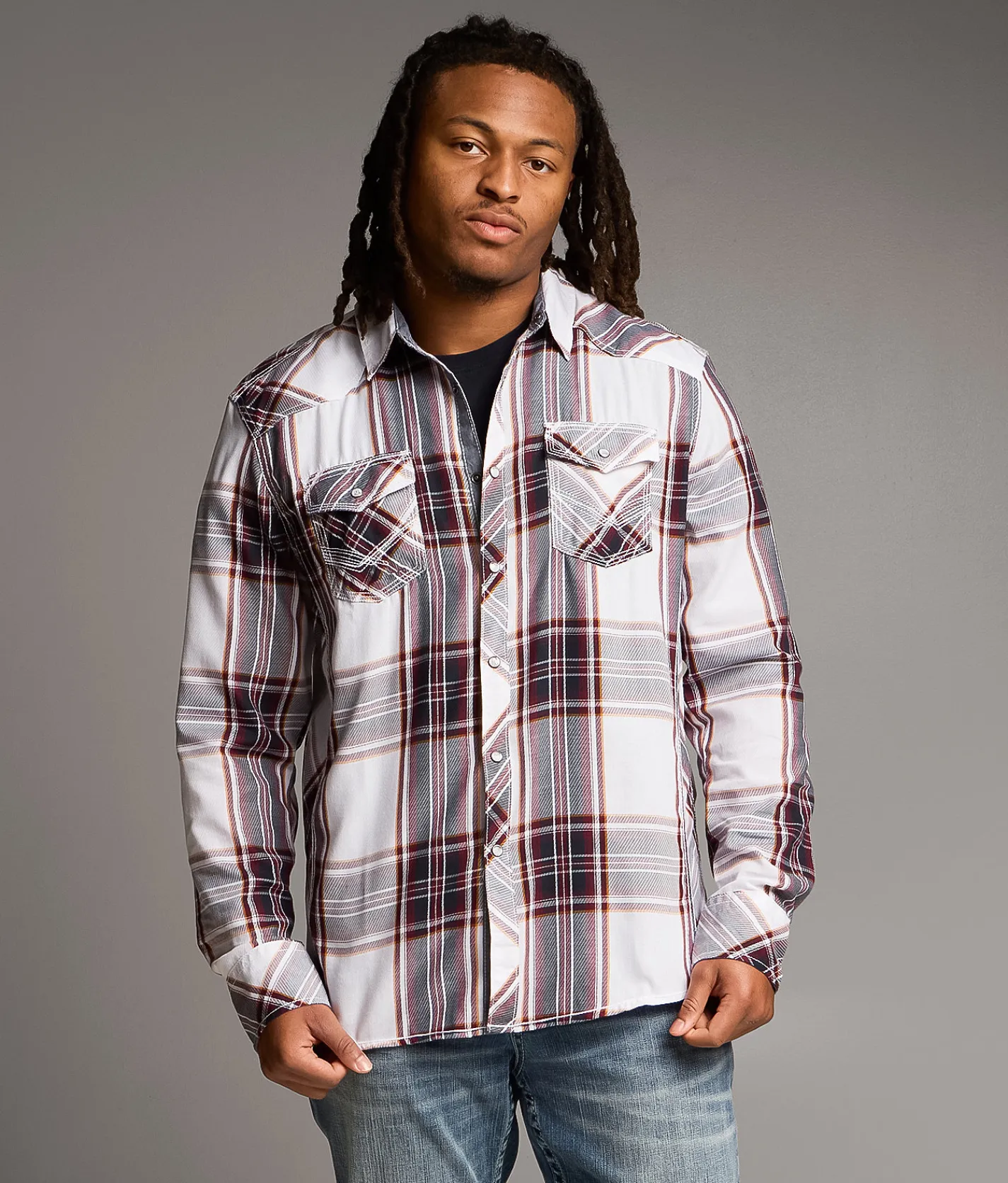 BKE Athletic Plaid Shirt White Navy Burgundy