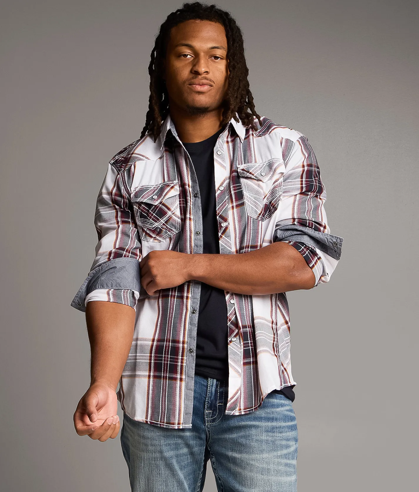 BKE Athletic Plaid Shirt White Navy Burgundy