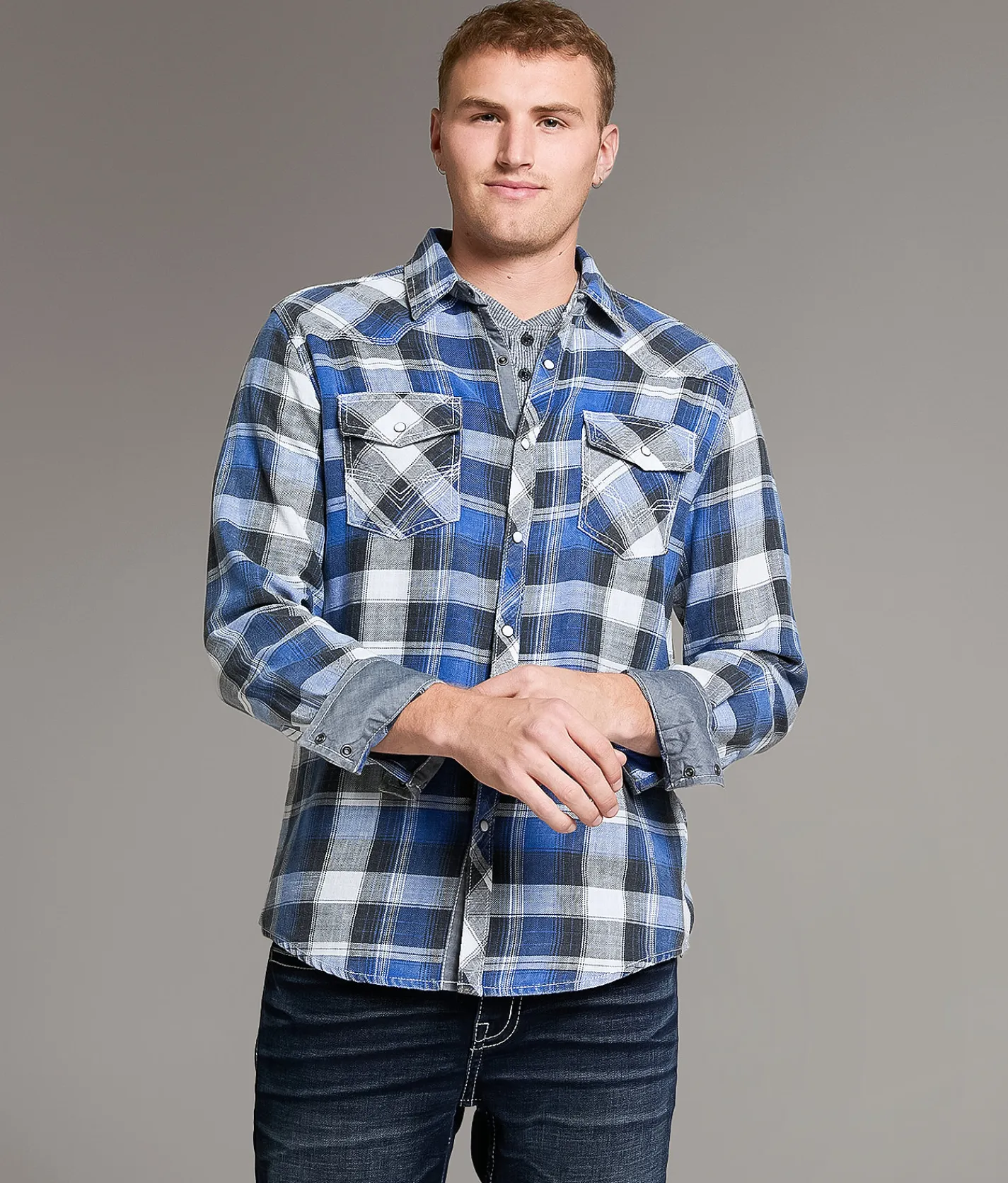 BKE Vintage Athletic Plaid Shirt White Black Blue Best