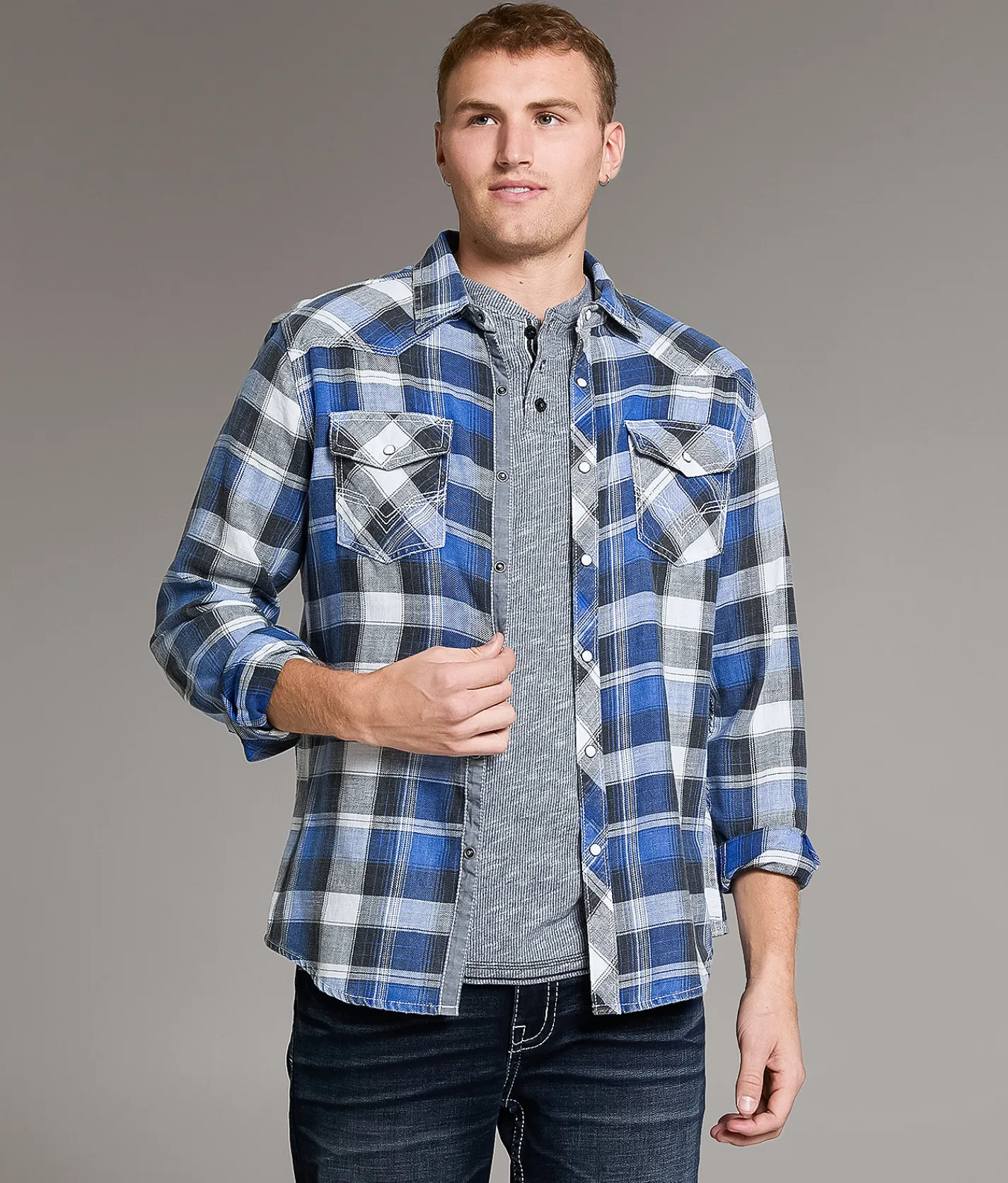 BKE Vintage Athletic Plaid Shirt White Black Blue Best