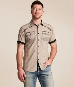 Tops | Buckle Black Athletic Stretch Shirt Tan Black