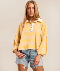Free People Auggie Polo Oat Latte Yellow Combo Outlet