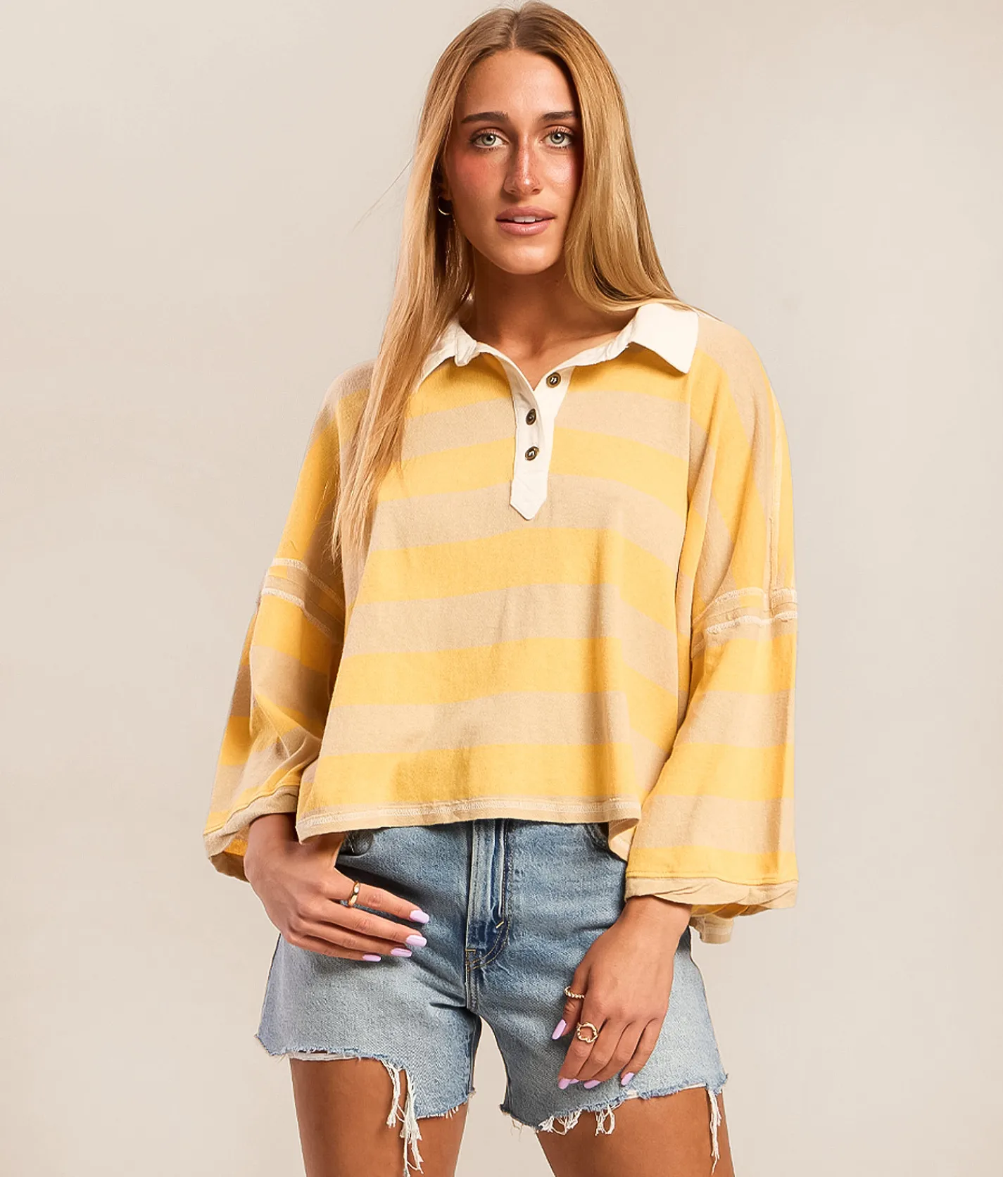 Free People Auggie Polo Oat Latte Yellow Combo Outlet