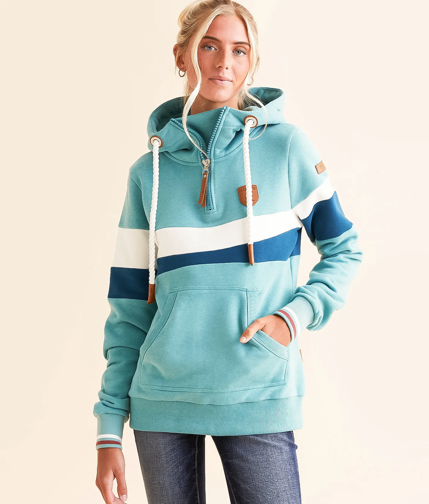 Tops | Wanakome Auria Quarter Zip Hooded Sweatshirt Alpine Blue Mix