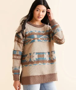 Tops | BKE Aztec Oversized Pullover Tan Brown Aztec