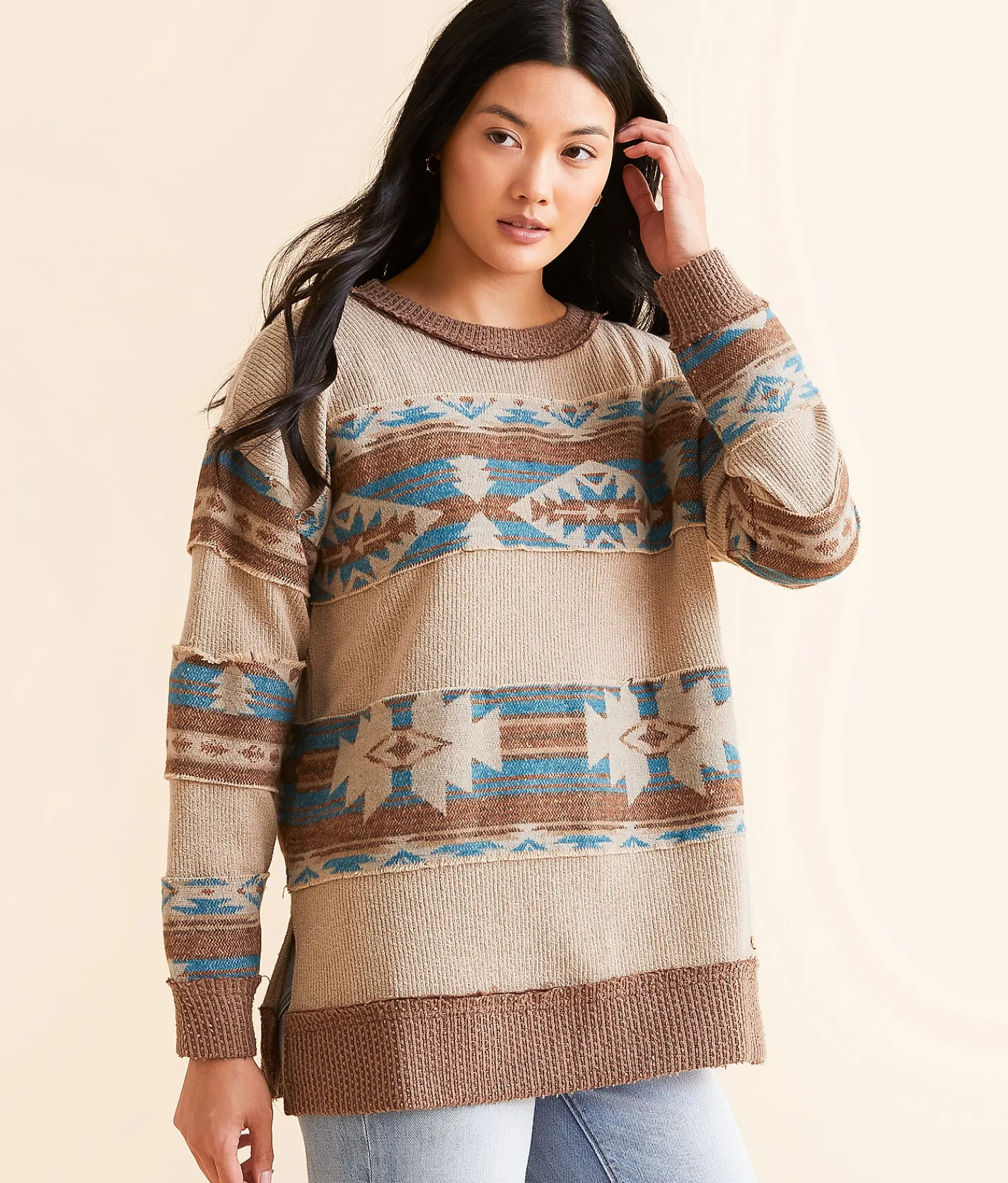 Tops | BKE Aztec Oversized Pullover Tan Brown Aztec