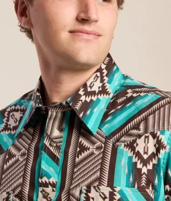 Tops | Rock & Roll Denim Aztec Print Stretch Shirt Teal