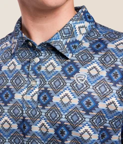 Hooey x Rock & Roll Denim Aztec Stretch Polo Blue Clearance