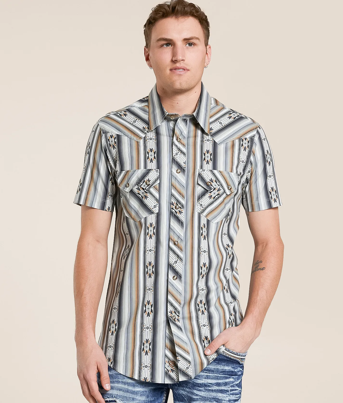 Rock & Roll Denim Aztec Striped Stretch Shirt Black Online