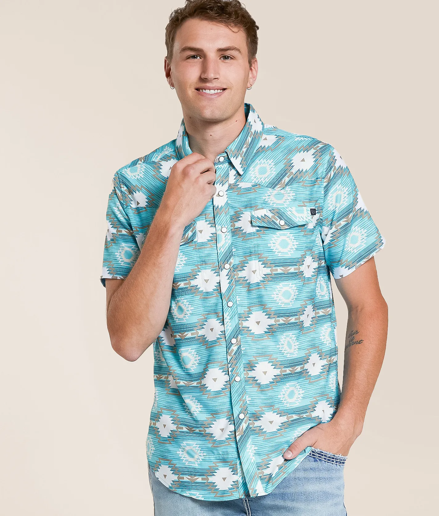 Rock & Roll Denim Aztec TEK Stretch Shirt Turquoise New