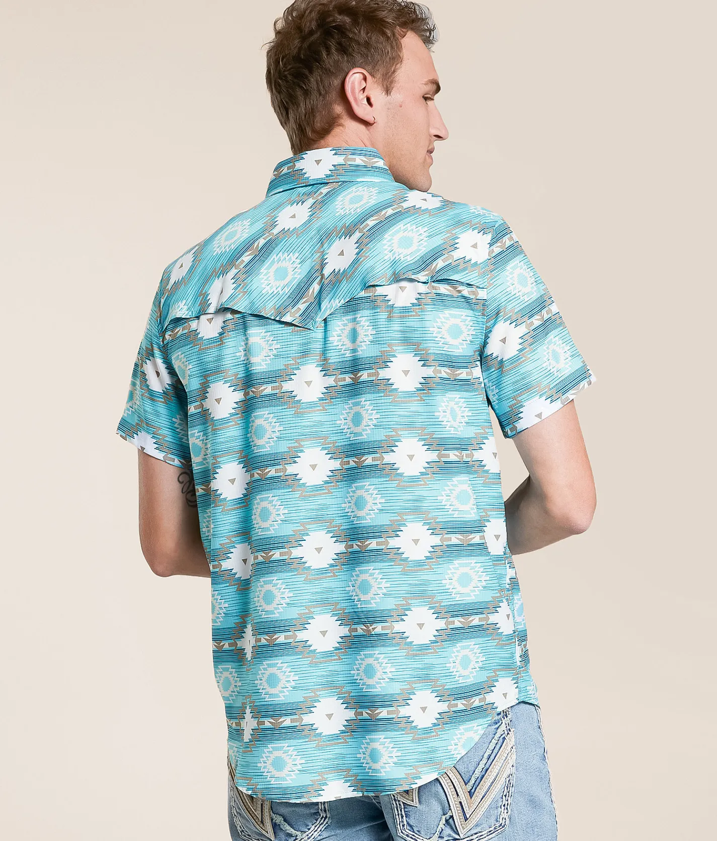Rock & Roll Denim Aztec TEK Stretch Shirt Turquoise New