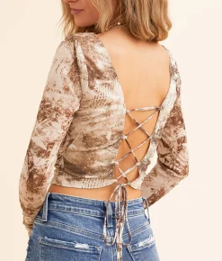 Tops | Willow & Root Back Lace-Up Mesh Cropped Top Brown Cream