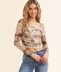 Tops | Willow & Root Back Lace-Up Mesh Cropped Top Brown Cream