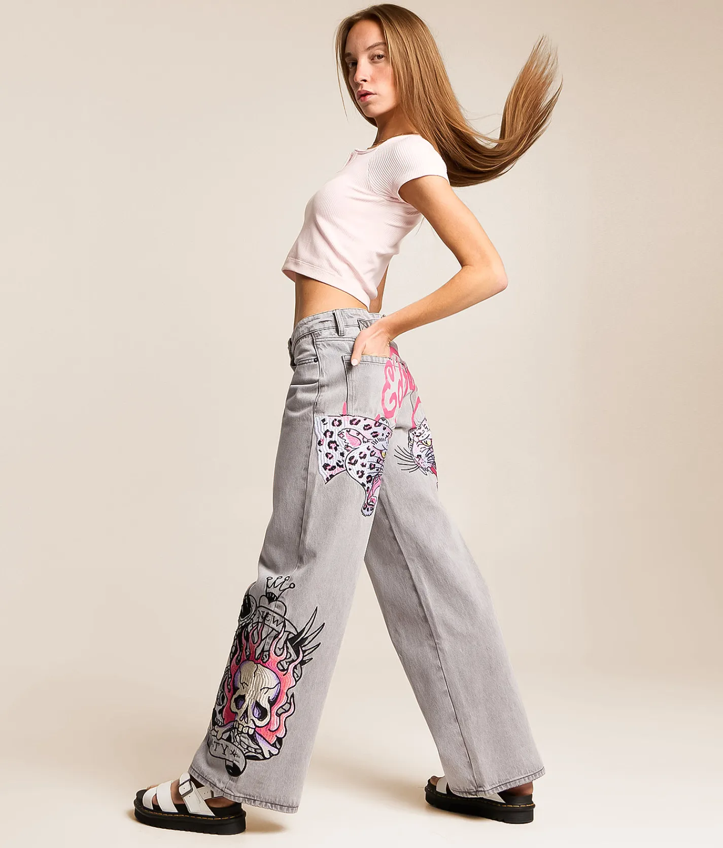 Ed Hardy Baggy Wide Leg Jean Light Grey Outlet