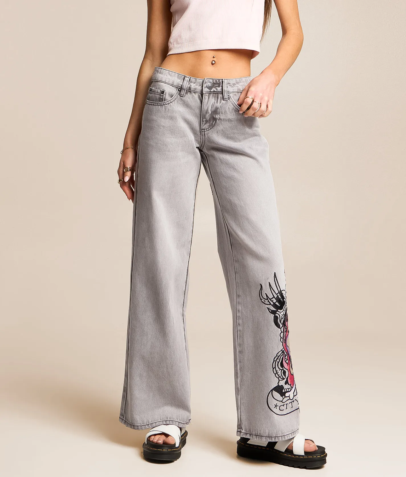 Ed Hardy Baggy Wide Leg Jean Light Grey Outlet
