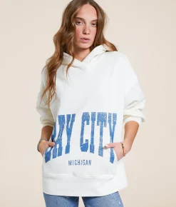 Modish Rebel Bay City Michigan Hooded Sweatshirt Marshmallow New