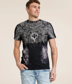 Affliction Birds Of Prey T-Shirt Black Bleach Wash Clearance