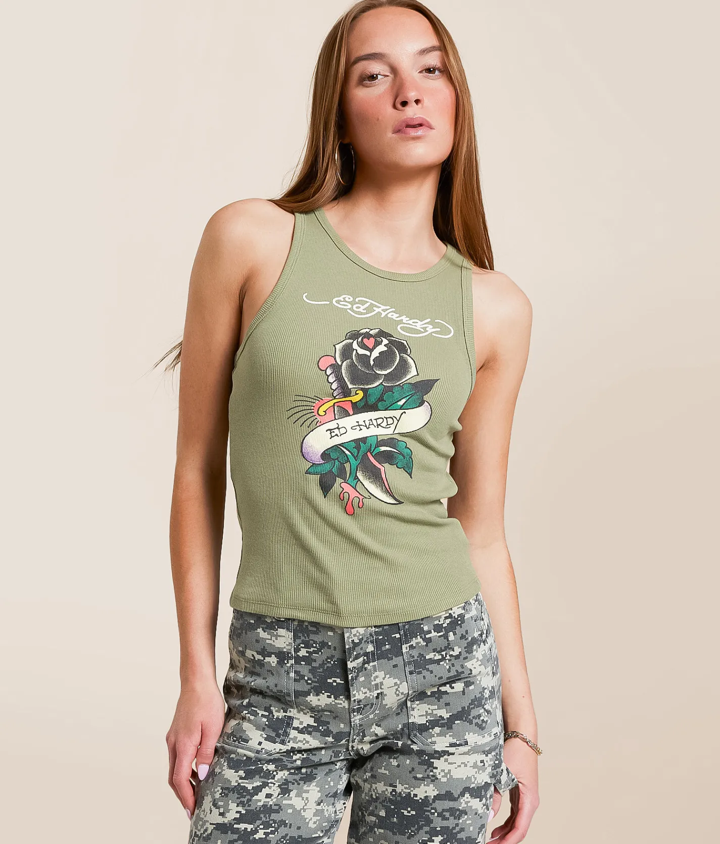 Tops | Ed Hardy Black Rose Tank Top Lt Olive