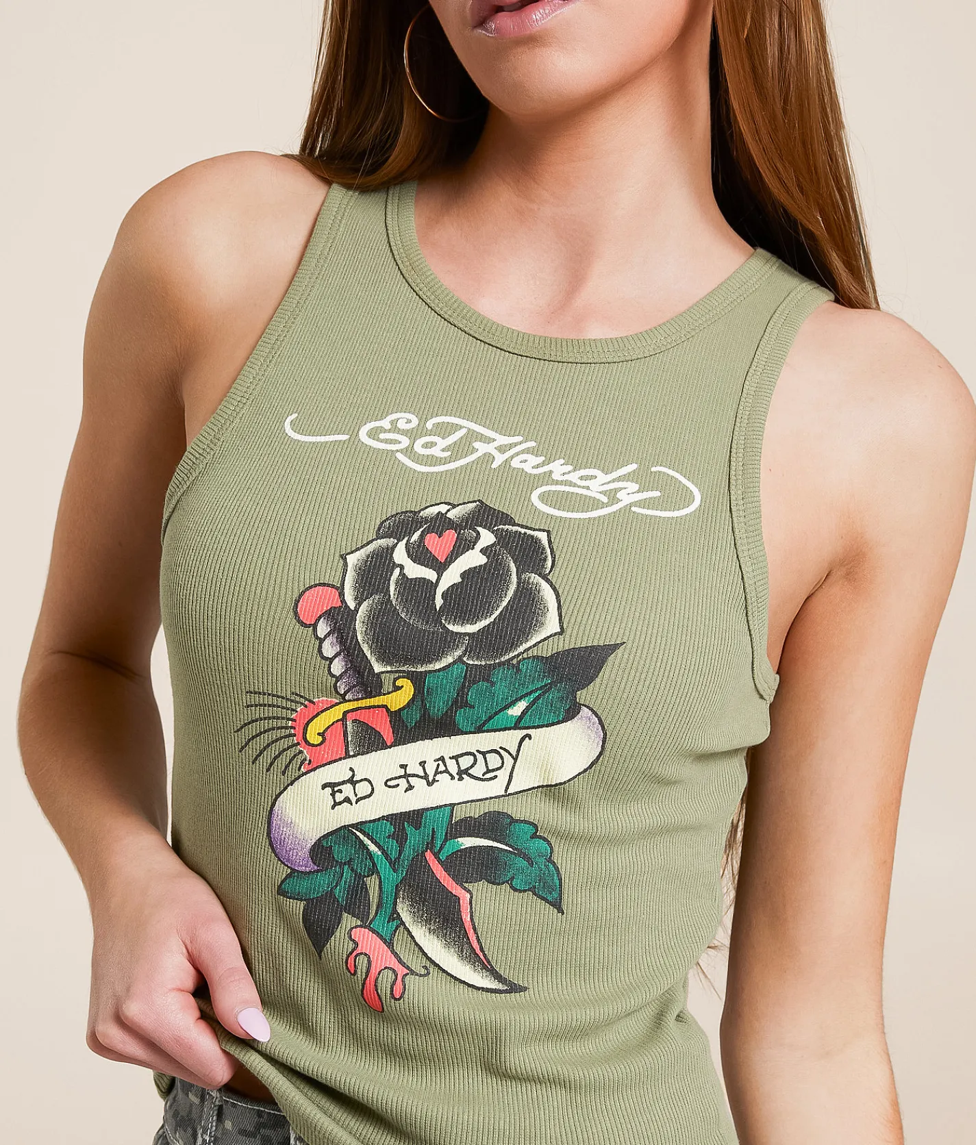 Tops | Ed Hardy Black Rose Tank Top Lt Olive