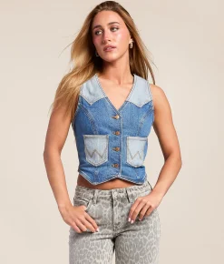 Wrangler® Blocked Western Denim Vest Blue Fever Hot