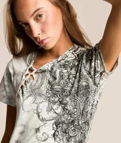 Tops | Affliction Blossom T-Shirt White Lt Grey Crystal Was