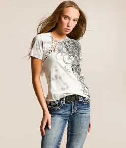Tops | Affliction Blossom T-Shirt White Lt Grey Crystal Was