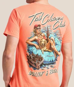 Tops|Graphic T-Shirts | Tail Chasers Club Boatin' & Floatin' T-Shirt Neon Red Orange Pigment D