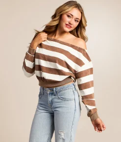 Tops | Gilded Intent Boatneck Striped Top Blue Brown Stripe
