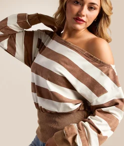 Tops | Gilded Intent Boatneck Striped Top Blue Brown Stripe