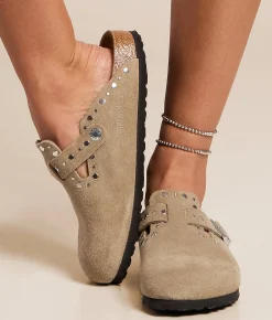 Birkenstock® Boston Rivet Border Suede Clog Taupe Clearance